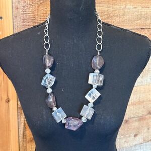 Silver Tone Lucite Chunky Purple Clear Zebra Print Stone Statement Necklace